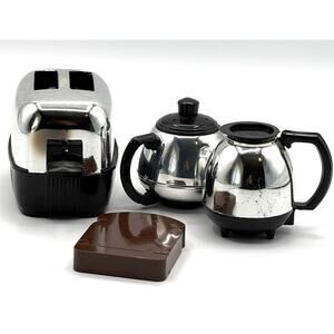 Vtg Salt and Pepper Shakers Lot 3 Drip Coffee Pots Toaster Toast Chrome MCM READ